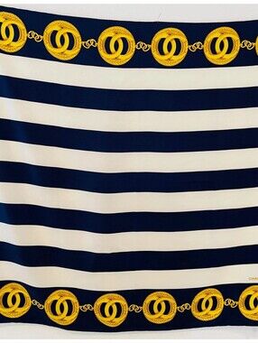 CHANEL Black and White Striped Silk Scarf